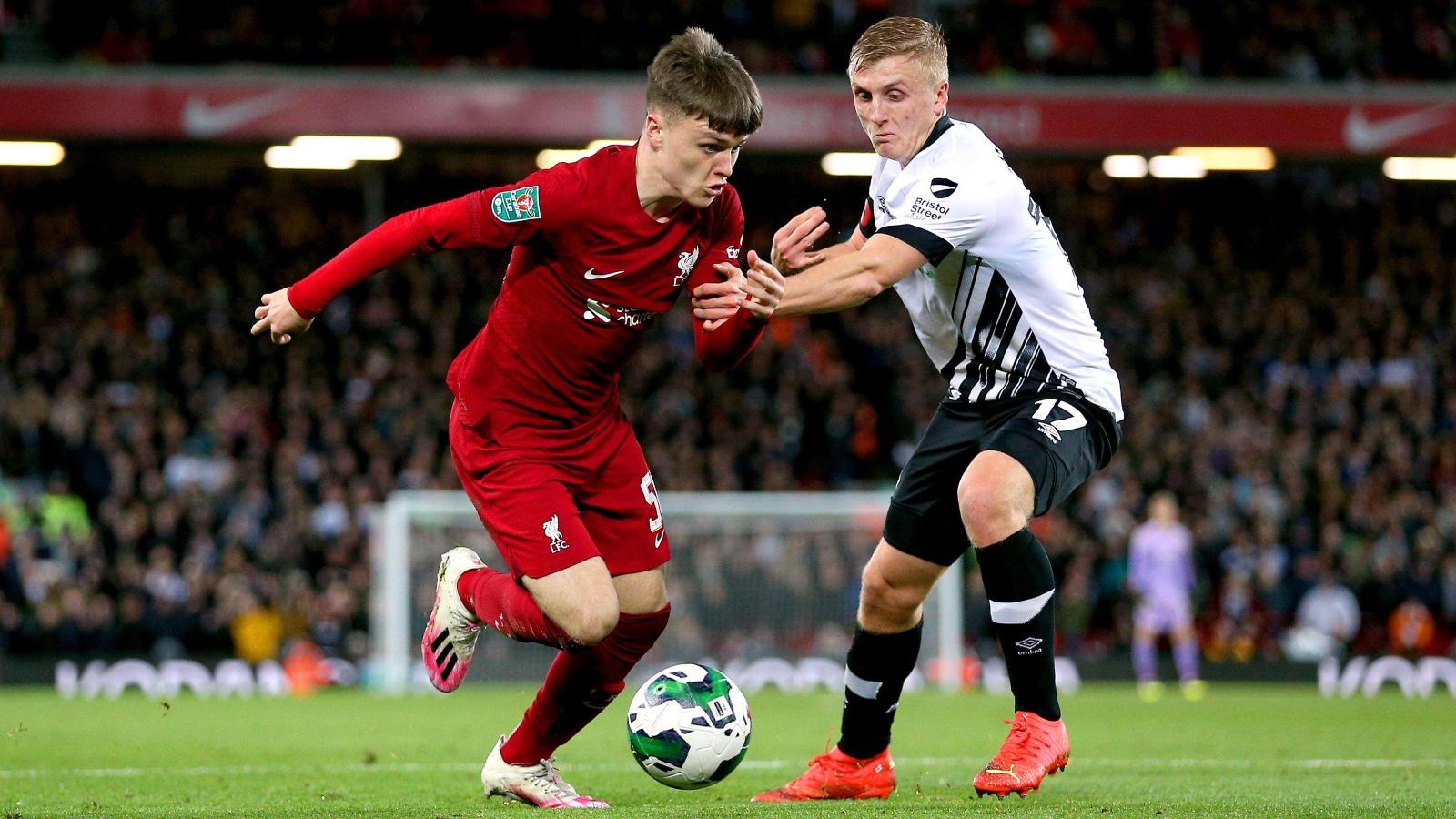 Liverpool's Ben Doak takes on Louie Sibley of Derby County during their League Cup match at Anfield, Liverpool, November 2022.