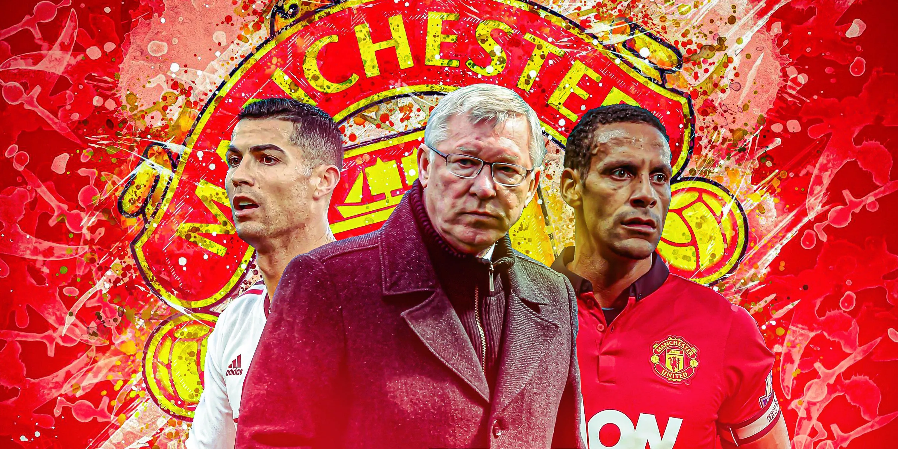 Hình ảnh quá khứ huy hoàng của Manchester United với Sir Alex Ferguson, Rio Ferdinand và Cristiano Ronaldo