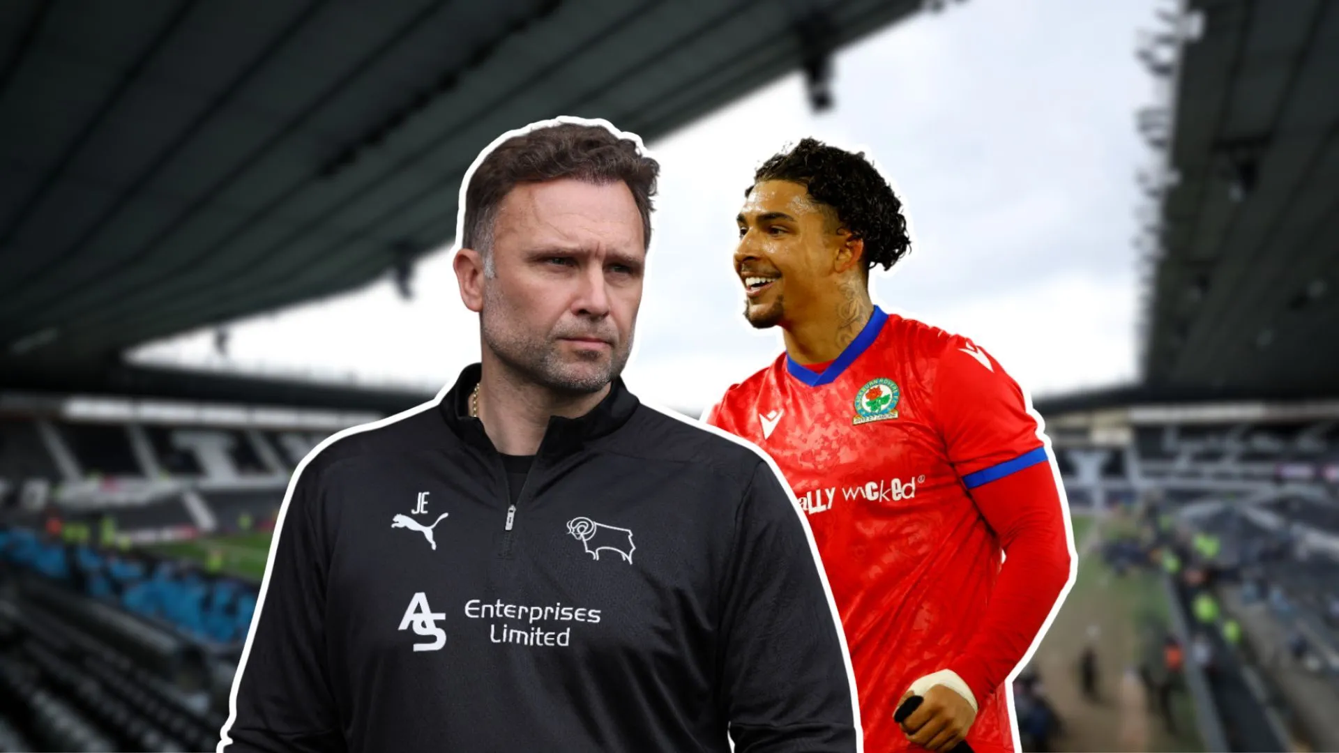 Cầu thủ Blackburn Rovers Tyrhys Dolan cùng HLV John Eustace của Derby County