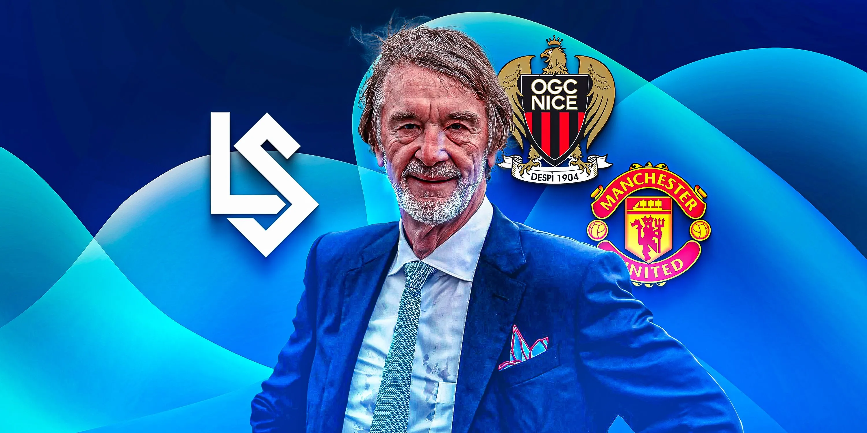 Tỷ phú Sir Jim Ratcliffe, chủ sở hữu INEOS, với logo các đội thể thao ông sở hữu, bao gồm Manchester United và OGC Nice.