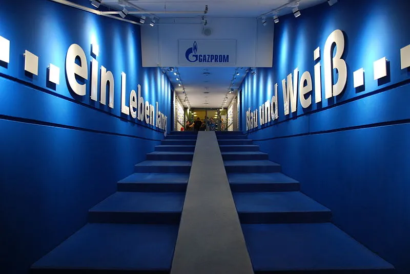 Đường hầm dẫn ra sân tại Veltins-Arena, nơi các cầu thủ bước ra thi đấu.