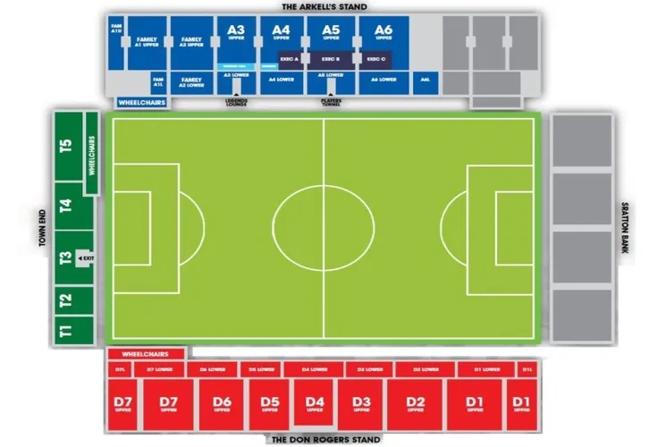 Sơ đồ bố trí các khán đài và khu vực chỗ ngồi tại sân vận động County Ground, Swindon, giúp khán giả dễ dàng định vị.