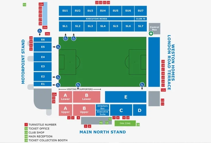 Sơ đồ bố trí chỗ ngồi các khán đài tại sân vận động Weston Homes London Road của câu lạc bộ Peterborough United