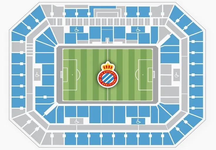 Sơ đồ bố trí chỗ ngồi chi tiết bên trong sân vận động Stage Front (RCDE Stadium) của RCD Espanyol