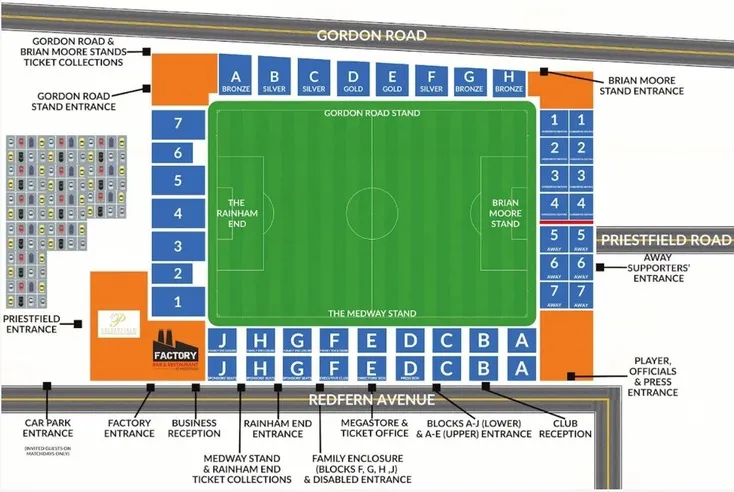 Sơ đồ bố trí chỗ ngồi chi tiết của sân vận động Priestfield, giúp fan Gillingham FC định vị khán đài