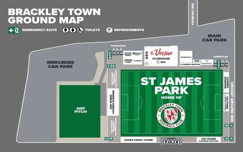 Sơ đồ bố trí chỗ ngồi chi tiết tại sân vận động St James Park Brackley.