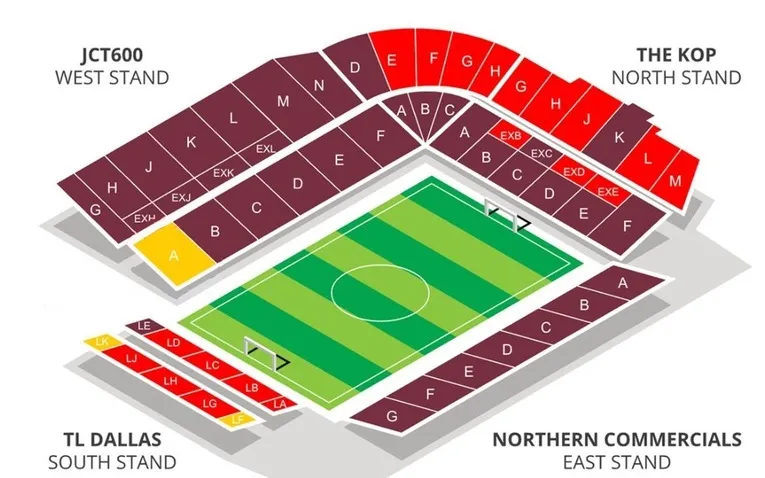 Sơ đồ bố trí chỗ ngồi và các khu vực khán đài chi tiết tại sân vận động Valley Parade, giúp người hâm mộ dễ dàng định vị vị trí.