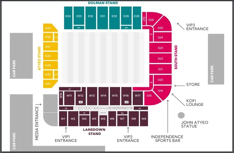 Sơ đồ chi tiết các khán đài và khu vực chỗ ngồi tại sân vận động Ashton Gate