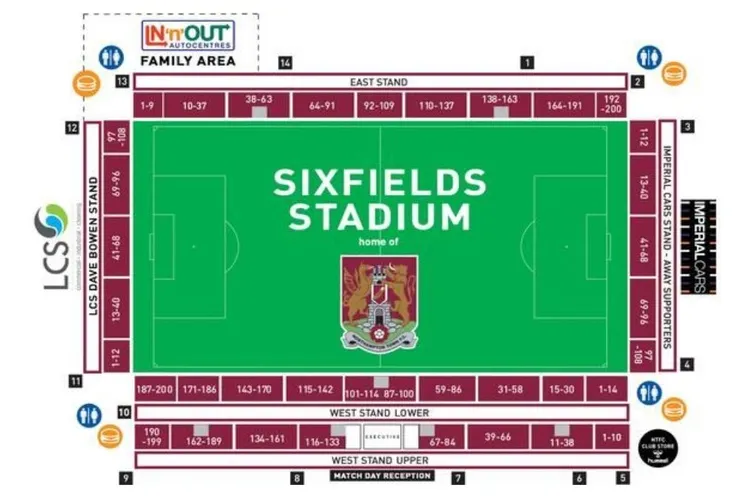 Sơ đồ chi tiết các khán đài và khu vực chỗ ngồi tại sân vận động Sixfields, hữu ích cho người hâm mộ Northampton Town