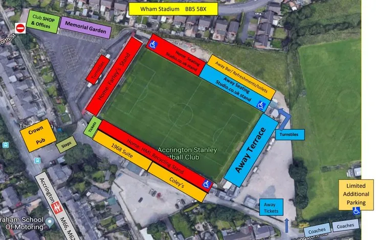 Sơ đồ chi tiết các khán đài và khu vực chỗ ngồi tại sân vận động Wham Stadium của Accrington Stanley