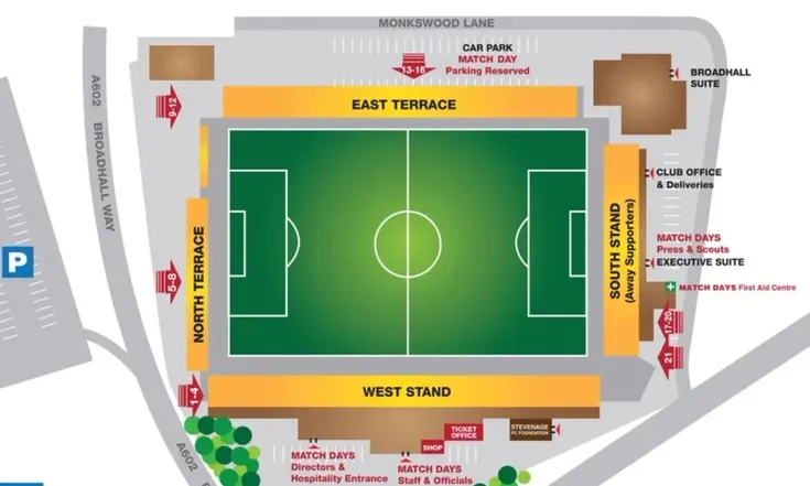 Sơ đồ chi tiết sân vận động Broadhall Way (The Lamex Stadium) với phân bổ các khán đài