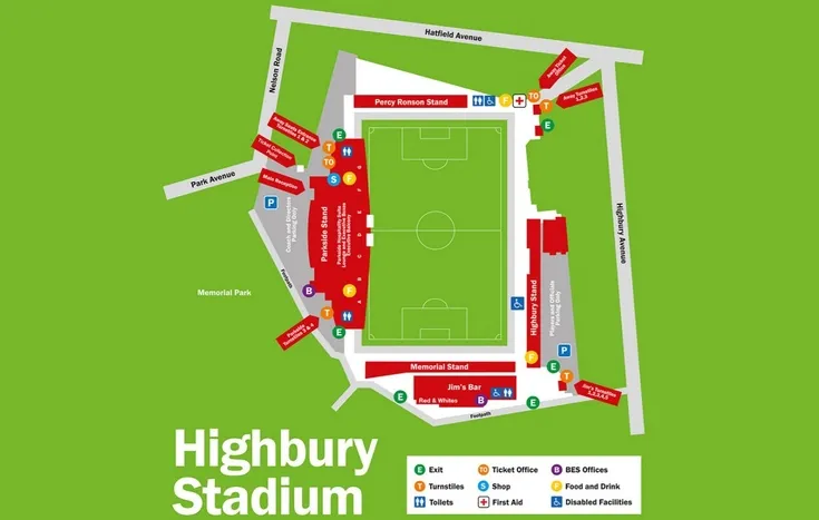 Sơ đồ chi tiết sân vận động Highbury của Fleetwood Town, minh họa bố cục bốn khán đài chính.
