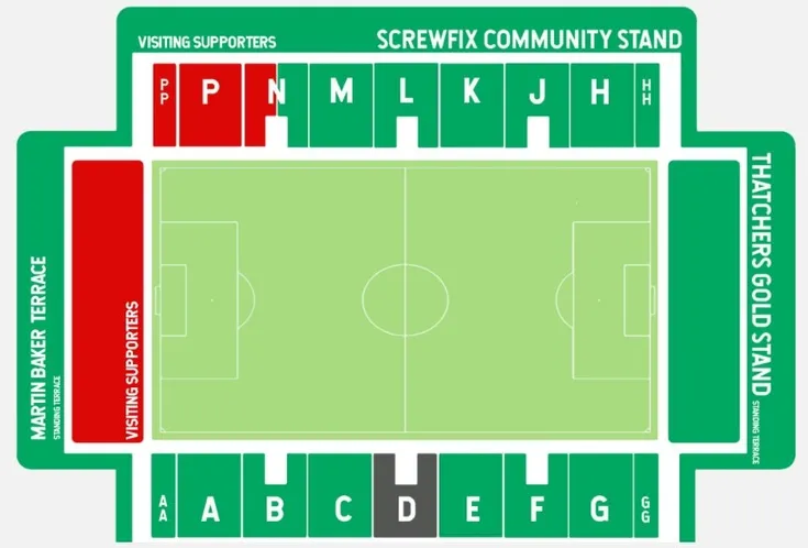 Sơ đồ chi tiết sân vận động Huish Park, hiển thị các khán đài và khu vực chỗ ngồi