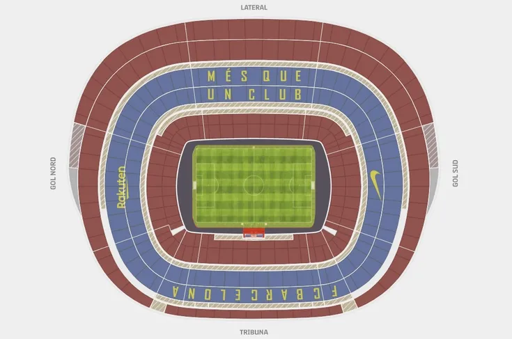 Sơ đồ chỗ ngồi chi tiết của Camp Nou, minh họa cấu trúc &quot;Bowl Style&quot; và các khu vực khán đài chính