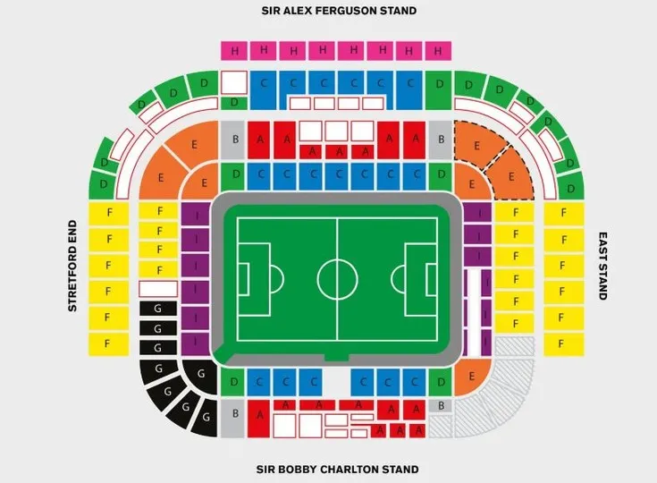 Sơ đồ chỗ ngồi chi tiết của sân Old Trafford, phân chia các khán đài và khu vực