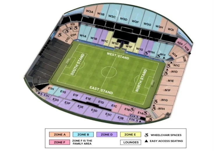 Sơ đồ chỗ ngồi chi tiết của sân vận động Falmer (Amex Stadium) cho thấy vị trí các khán đài Bắc, Nam, Đông và Tây.
