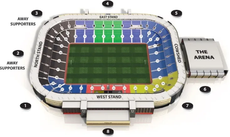 Sơ đồ chỗ ngồi chi tiết của Stadium MK, hiển thị các khu vực khán đài khác nhau, giúp khán giả hình dung rõ về sân nhà MK Dons.