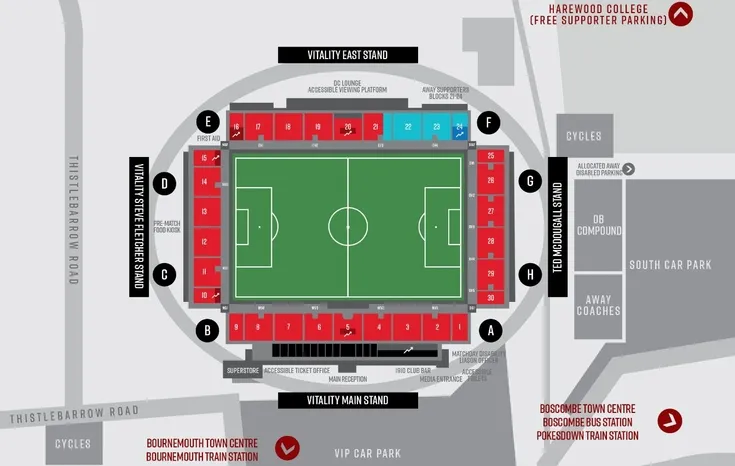 Sơ đồ chỗ ngồi chi tiết của Vitality Stadium, giúp người hâm mộ dễ dàng định vị các khu vực khán đài
