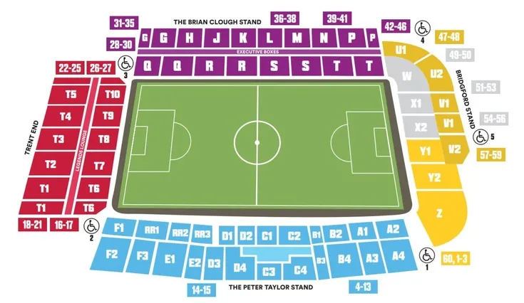 Sơ đồ chỗ ngồi chi tiết sân The City Ground của Nottingham Forest
