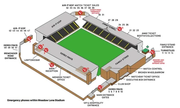 Sơ đồ chỗ ngồi chi tiết sân vận động Meadow Lane của câu lạc bộ Notts County
