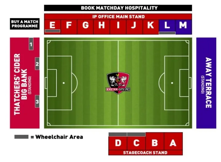 Sơ đồ chỗ ngồi chi tiết sân vận động St. James Park của Exeter City, minh họa vị trí các khán đài và lối đi.