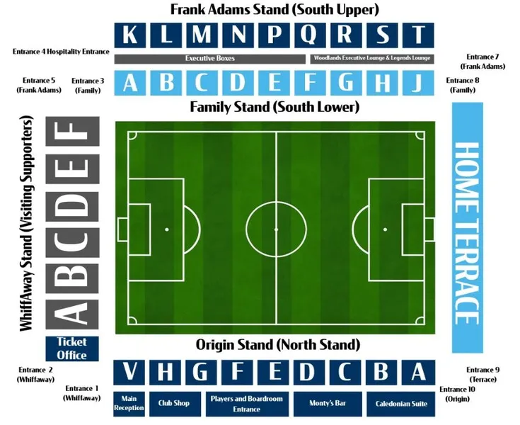 Sơ đồ chỗ ngồi sân Adams Park năm 2024, minh họa vị trí các khán đài và khu vực khán giả