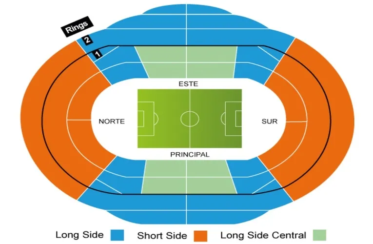 Sơ đồ chỗ ngồi sân Reale Arena cho thấy cấu trúc hình lòng chảo