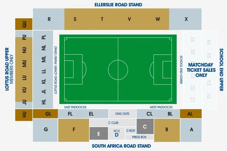 Sơ đồ chỗ ngồi sân vận động Loftus Road, giúp khán giả định vị vị trí ngồi.