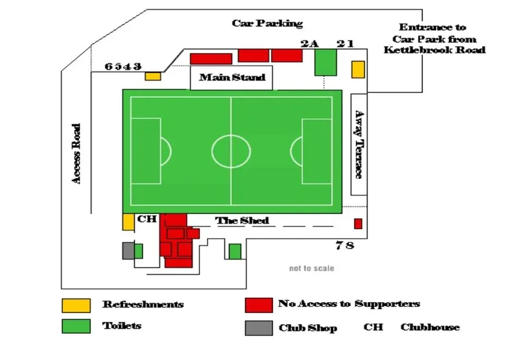 Sơ đồ tổng thể bố trí các khán đài và khu vực ngồi tại sân The Lamb Ground.