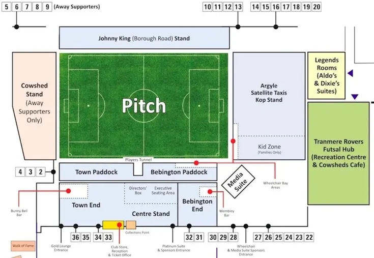 Sơ đồ tổng thể các khán đài và khu vực bên trong sân Prenton Park