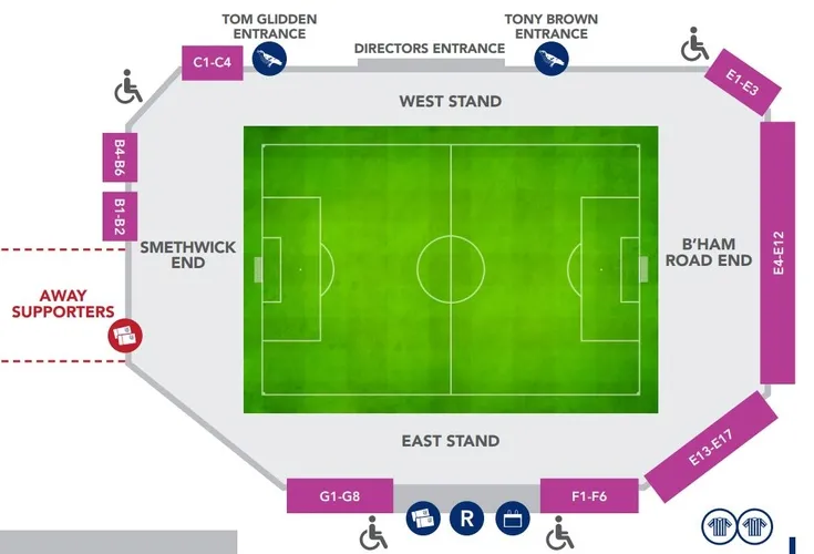 Sơ đồ tổng thể sân The Hawthorns hiển thị các khán đài và lối đi.