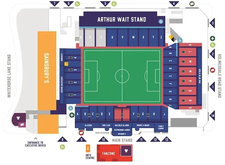 Sơ đồ tổng thể sân vận động Selhurst Park, minh họa vị trí các khán đài và lối vào