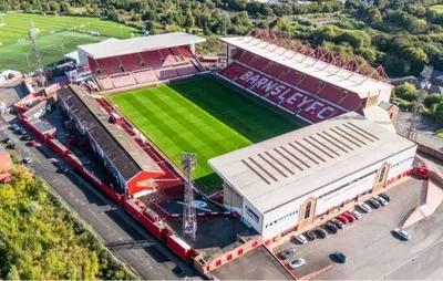 Toàn cảnh sân vận động Oakwell nhìn từ trên cao, thể hiện cấu trúc đặc trưng và không gian xung quanh sân nhà của Barnsley FC.